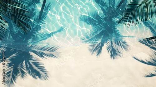 Abstract summer beach banner showing the top view of water with palm leaf silhouettes and their shadows on pristine white sand.