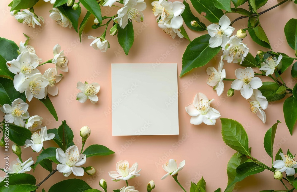 White Jasmine Flowers Surrounding a Blank Card on a Pink Background White Jasmine Flowers Surrounding a Blank Card on a Pink Background