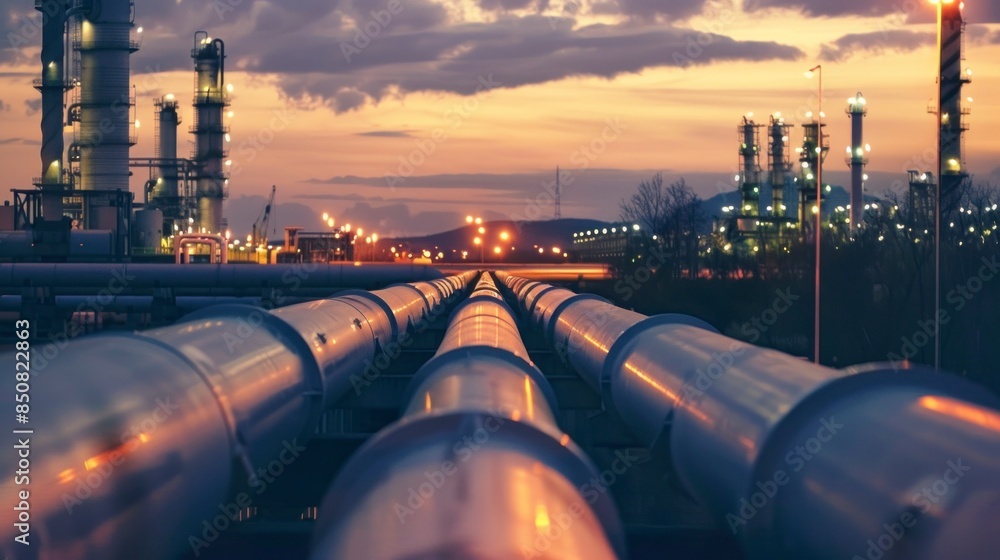 Pipeline and pipe rack of oil industrial plant with sunset sky background Pipeline and pipe rack of oil industrial plant with sunset sky background