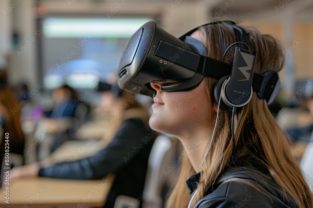 Student exploring virtual reality in the classroom, embracing new technology-driven learning opportunities. Student exploring virtual reality in the classroom, embracing new technology-driven learning opportunities.