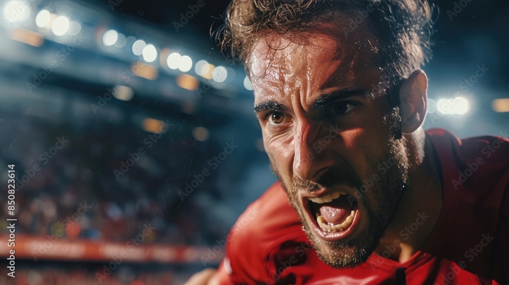 A close-up of a soccer player intense expression during a match, with the stadium crowd blurred behind A close-up of a soccer player intense expression during a match, with the stadium crowd blurred behind