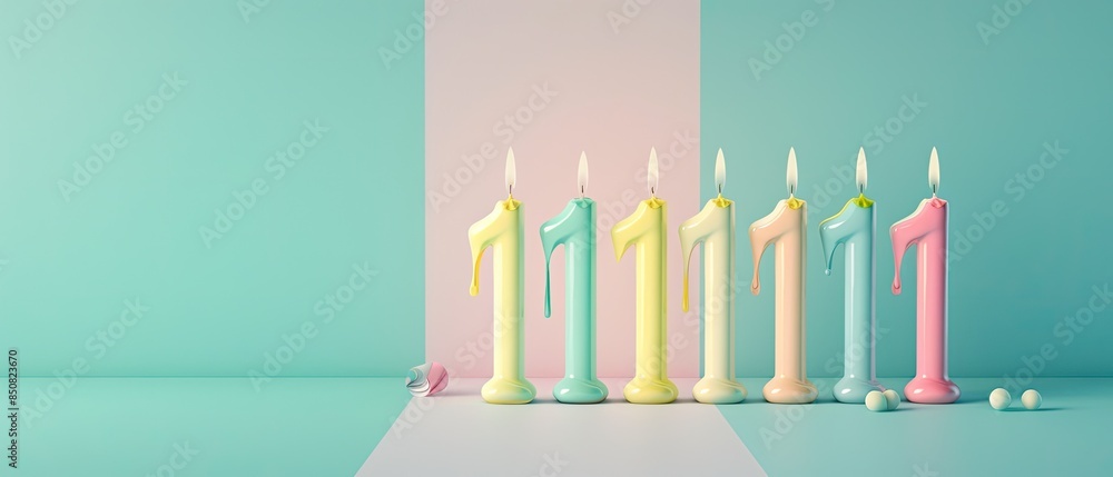 Colorful pastel number candles lined up on a minimalist background, perfect for birthday celebration or special anniversary concepts. Colorful pastel number candles lined up on a minimalist background, perfect for birthday celebration or special anniversary concepts.