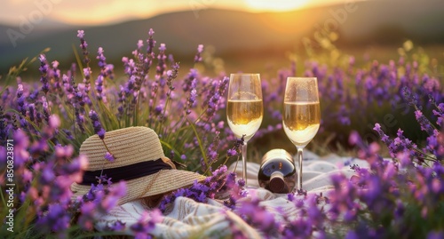 Romantic Sunset Picnic in a Lavender Field With Wine Glasses