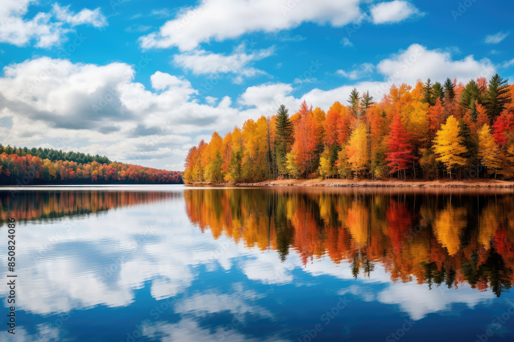 Serene Lake Reflection in Vibrant Autumn Splendor Serene Lake Reflection in Vibrant Autumn Splendor