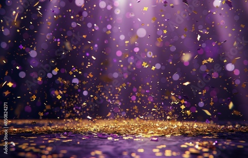 Golden Confetti Falling on Purple Background With Stage Lights