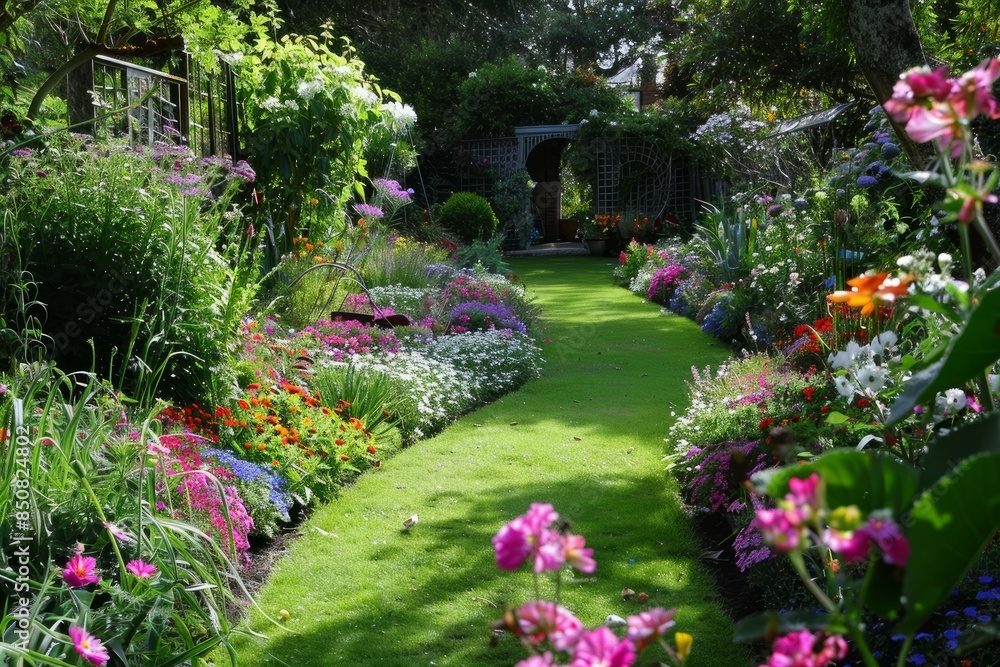 Vibrant and colorful summer garden with a lush green path inviting tranquility