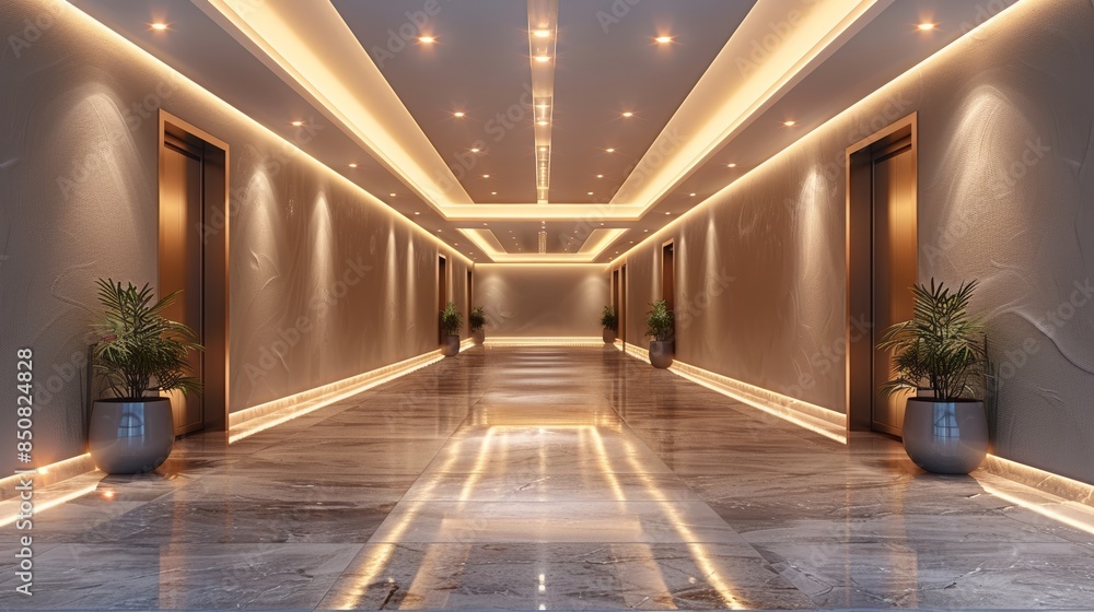 Modern Hallway with Elegant Ceiling Lighting and Marble Floors