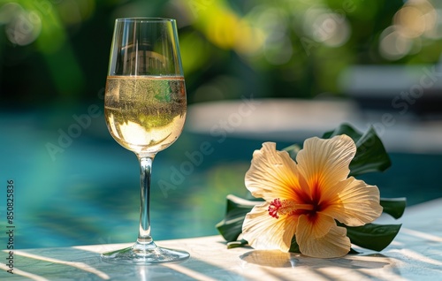 Glass of White Wine by the Pool With a Hibiscus Flower in Tropical Setting