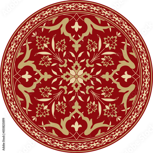 Vector gold with red round Turkish ornament. Ottoman circle, ring, frame.