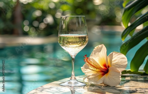 Glass of White Wine by the Pool With a Hibiscus Flower in Tropical Setting