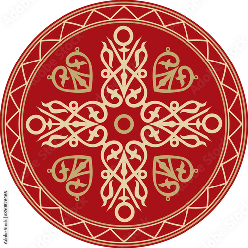 Vector golden and red round Yakut ornament. Endless circle, border, frame of the northern peoples of the Far East.