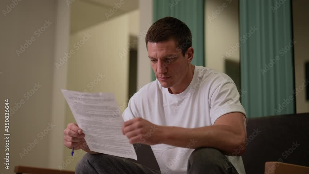 Focused male patient in casual clothes reading paper medical contract before signing and having medical procedure performed at hospital, while sitting on sofa in waiting room. Shooting in slow motion.