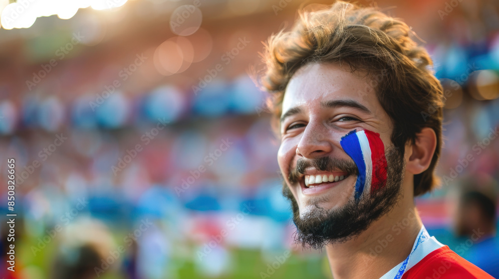 Young man having fun supporting his national France football team at the stadium, painted face, smiling and looking very happy Young man having fun supporting his national France football team at the stadium, painted face, smiling and looking very happy