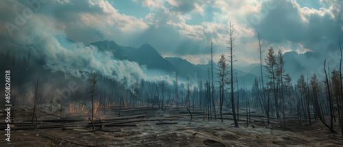 A serene landscape depicting the aftermath of a forest fire, with charred trees standing amidst lingering smoke and cloudy skies. photo