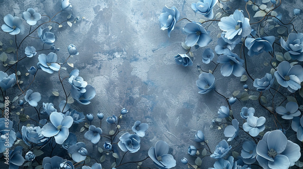 Beautiful Blue Flowers on a Plastered Wall. Volumetric Beautiful Blue Flowers on a Plastered Wall. Volumetric