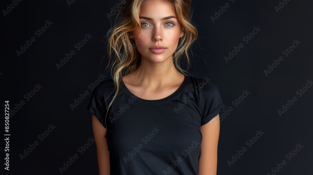 Portrait of a Young Woman Wearing a Casual Black T-Shirt Against a Dark Background Portrait of a Young Woman Wearing a Casual Black T-Shirt Against a Dark Background