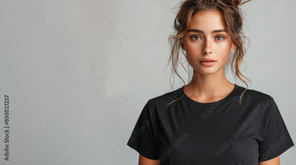 Portrait of Young Woman in Casual Black T-Shirt on White Background Portrait of Young Woman in Casual Black T-Shirt on White Background