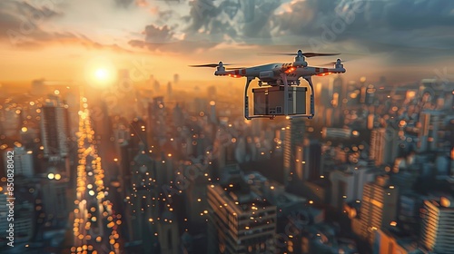 A drone flies above a brightly lit urban landscape at dusk with a package suspended, symbolizing cutting-edge delivery services in high-density areas photo