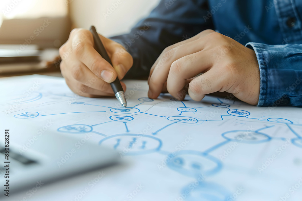 Close-up of hands analyzing a marketing strategy flowchart, business planning and analysis, strategic planner, product sales and promotions Close-up of hands analyzing a marketing strategy flowchart, business planning and analysis, strategic planner, product sales and promotions