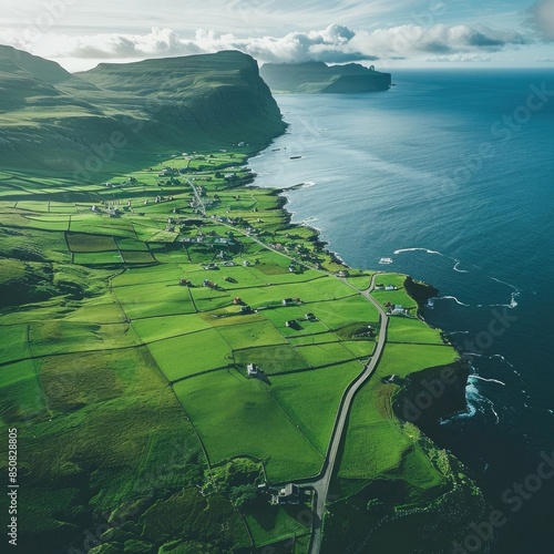 Green summer view from flying droneof Kirkjubour village with Hestur Island on background. Attractive morning scene of Faroe Islands, Denmark, Europe. Beauty of nature concept background. photo