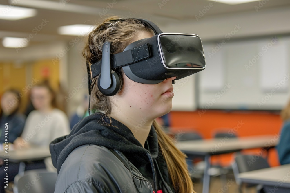 Student exploring virtual reality in the classroom, embracing new technology-driven learning opportunities. Student exploring virtual reality in the classroom, embracing new technology-driven learning opportunities.