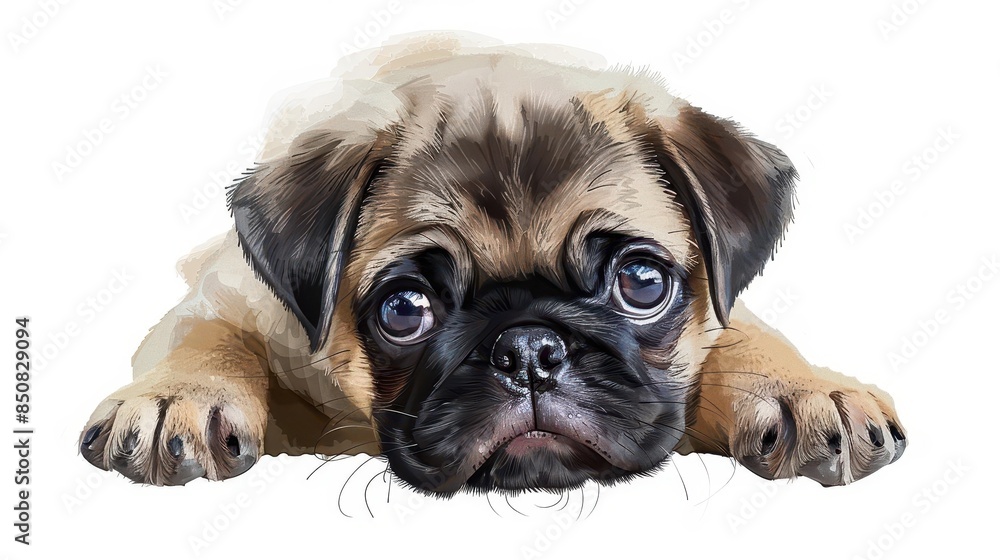 Obraz premium adorable pug puppy with a charmingly wrinkled face gazing soulfully at the camera against a clean white background capturing the essence of this beloved breed digital painting