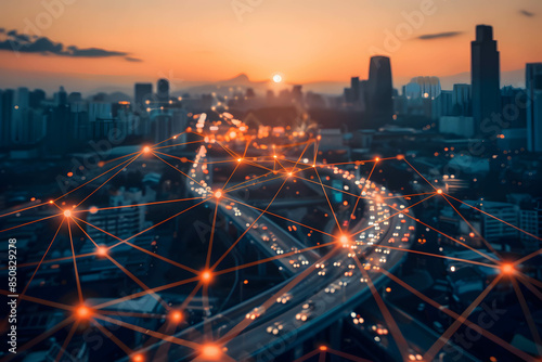 Digital network technology using for infrastructure, connecting data and information, internet of think, modern and smart infrastructure concept