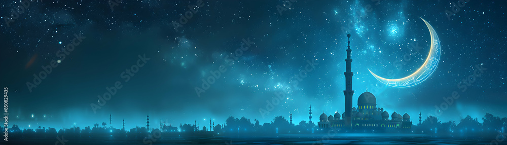 Fototapeta premium Iconographic Crescent Moon and Mosque Design with Ample Space for Text and Graphics Perfect for Islamic Practices and Religious Themes
