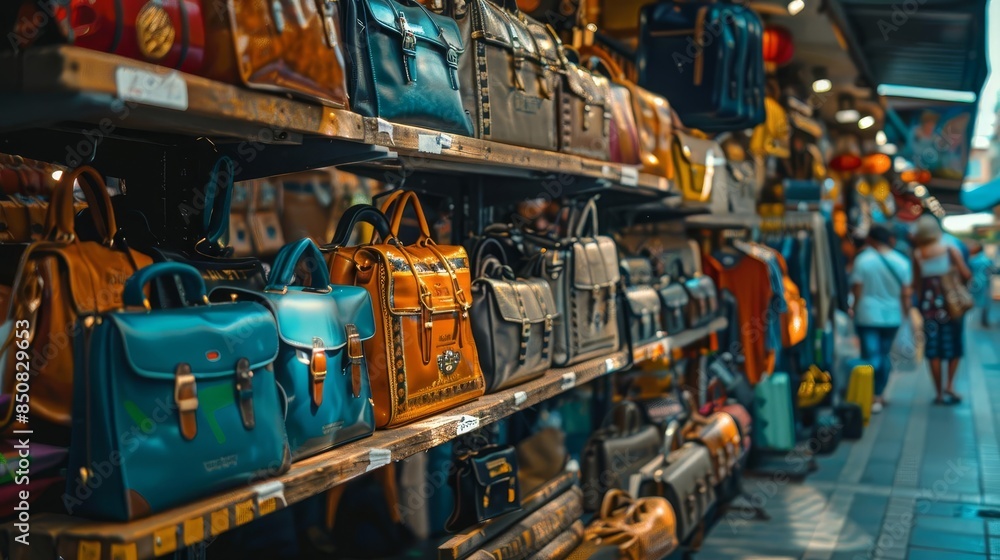 Naklejka premium Assortment of leather bags displayed on shelves in a market.