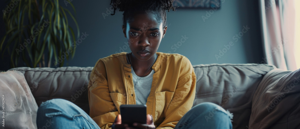 A young woman in a yellow shirt sits on a couch, focused intently on her phone screen in a contemplative mood.
