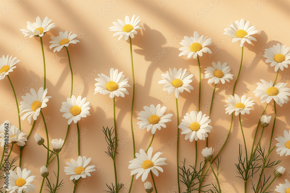 daisies with background, An elegant aesthetic pattern of chamomile daisy flowers arranged delicately against a neutral beige background daisies with background, An elegant aesthetic pattern of chamomile daisy flowers arranged delicately against a neutral beige background