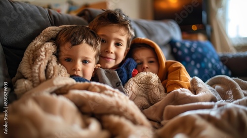 Three young boys are cuddling under a blanket on a couch