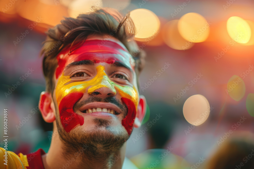 Young football fan with spanish flag painted on his face smiling and enjoying a sports event at the stadium Young football fan with spanish flag painted on his face smiling and enjoying a sports event at the stadium