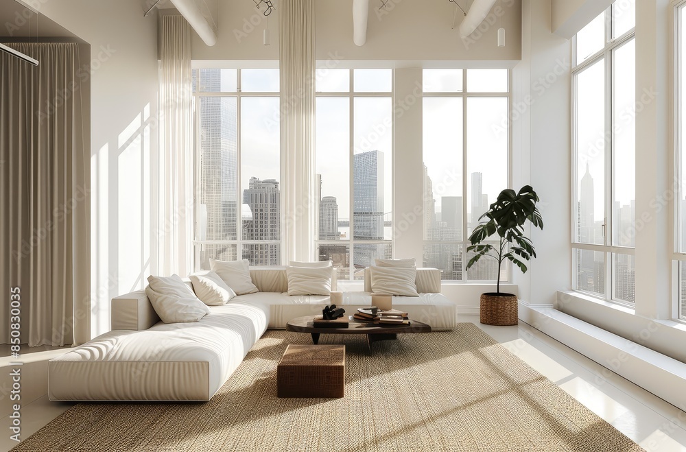 Spacious Modern Living Room with City Skyline View Spacious Modern Living Room with City Skyline View