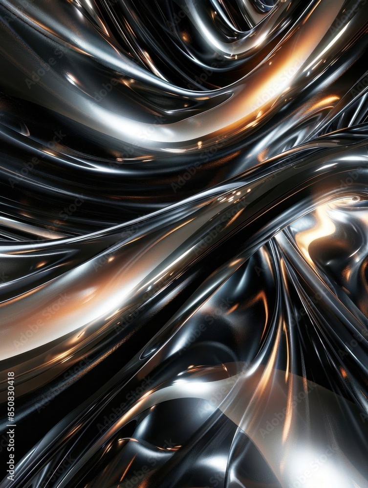Dynamic 3D abstract shapes with metallic finishes, on a deep black background Modern design, high contrast and reflective surfaces for a futuristic feel