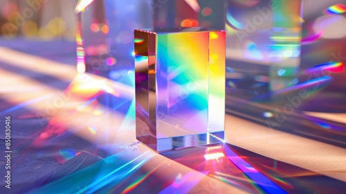 A cube of glass is sitting on a table with a rainbow reflection
