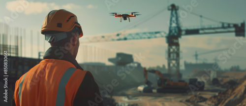 A construction worker supervises a drone flying over a busy construction site, with cranes and machinery operating in the background.