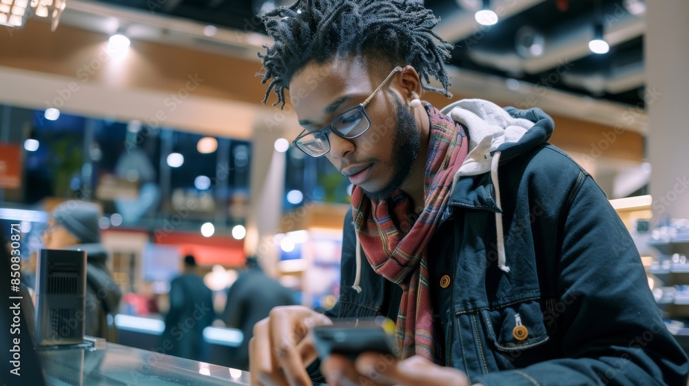 A man with glasses and dreadlocks is looking at his cell phone A man with glasses and dreadlocks is looking at his cell phone