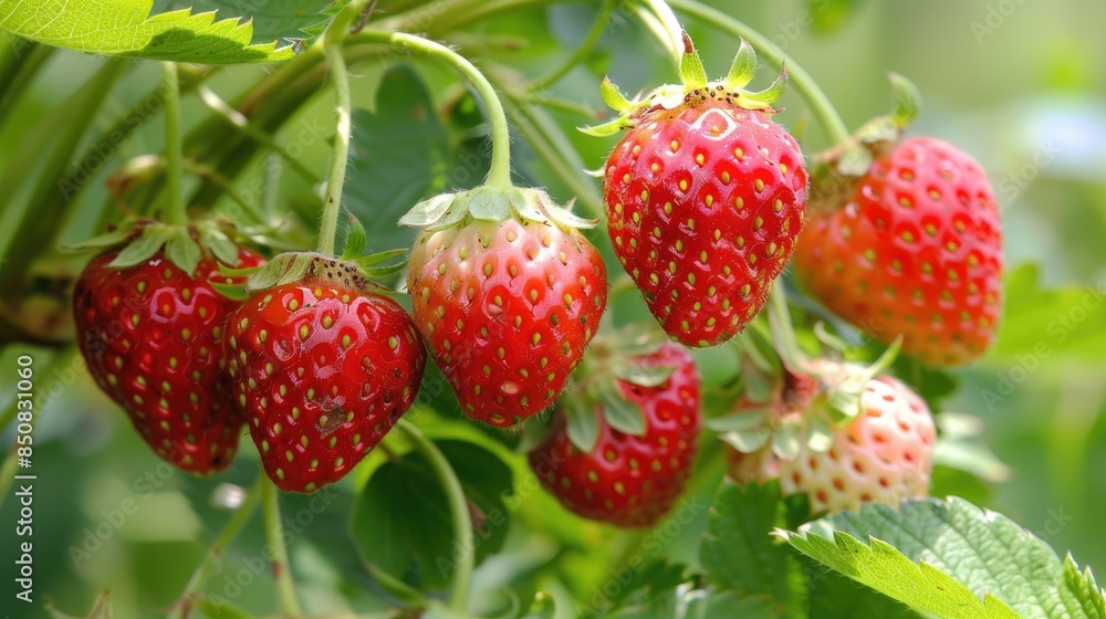Partially ripened strawberries on the branch Partially ripened strawberries on the branch