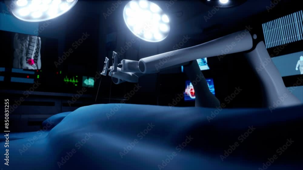Futuristic Hospital: Heart Transplant Surgery Patient Laying On Surgical Table While Robot Arms Performing Nanosurgery. Automated Robotic Limbs Operating Person, Vfx Holographic Display Showing Vitals Futuristic Hospital: Heart Transplant Surgery Patient Laying On Surgical Table While Robot Arms Performing Nanosurgery. Automated Robotic Limbs Operating Person, Vfx Holographic Display Showing Vitals