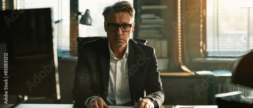 A man in a business suit sits pensively at his desk with a serious expression and dramatic lighting from the window. photo