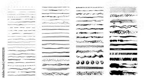 Set of hand drawn ink lines, isolated sketch strokes, sketch underlines. Vector grunge brushes. Ink art brushes are added to the brush panel.	
