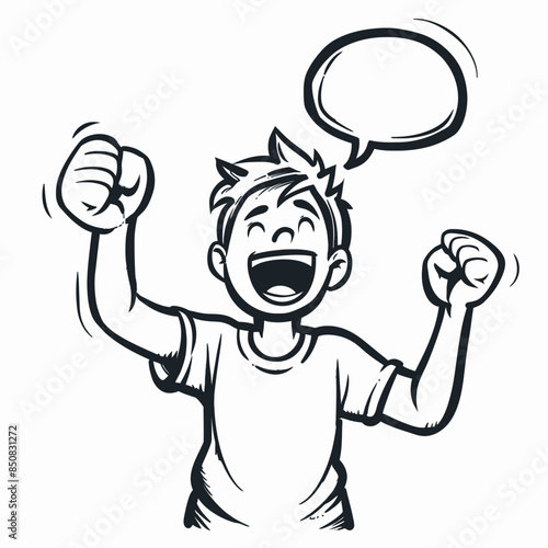 Excited Cartoon Boy with Fist Pumping and Speech Bubble