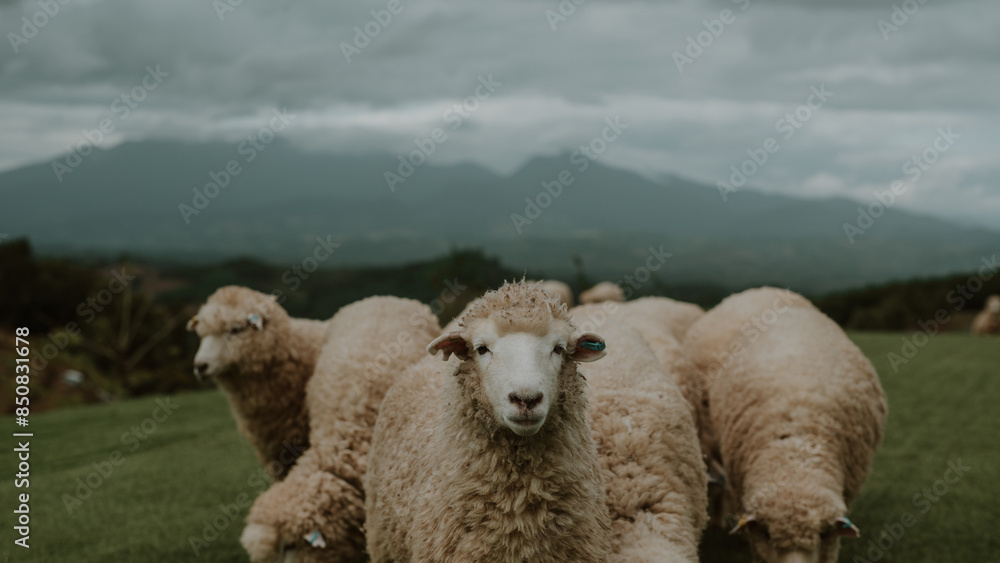 Fototapeta premium A flock of sheep in the vast meadows with majestic mountains standing tall in the background