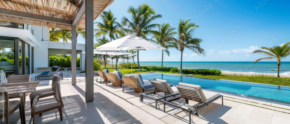 Obraz premium Luxurious beachfront villa with modern amenities, featuring a swimming pool and palm trees under a clear blue sky, representing a paradise retreat.