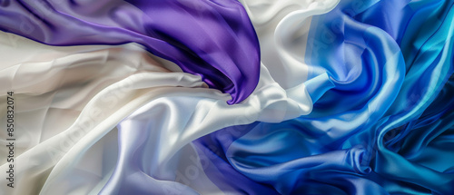 Luxurious silk fabric featuring a blend of blue, purple, and white hues, gracefully intertwined to form gentle, flowing waves.