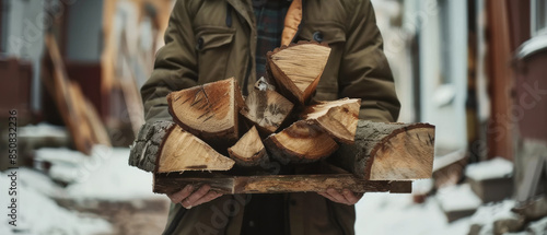 Wallpaper Mural A person in a jacket holding a pile of chopped firewood, with a snowy, rustic background that suggests a cozy, rural winter setting. Torontodigital.ca