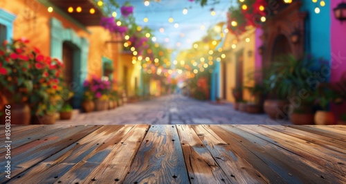 Wooden Tabletop With Blurred Background of Colorful Street in Mexico