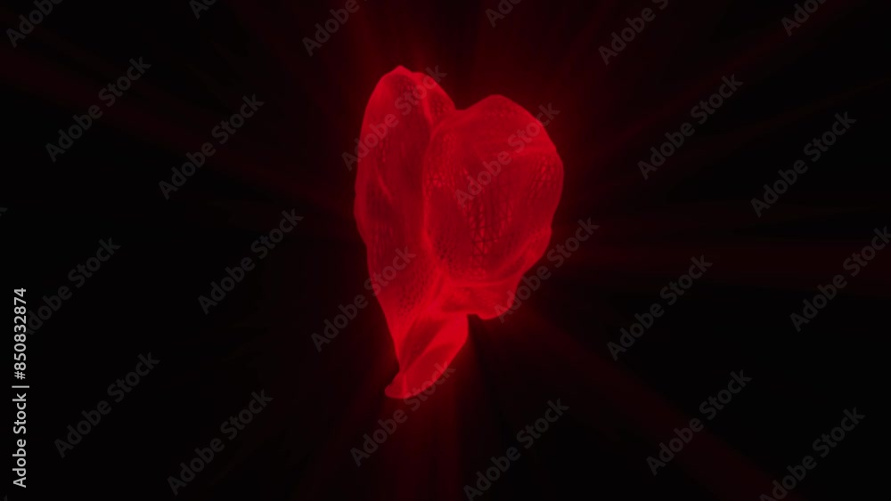 Frame light of a red heart projected in three-dimensional space, flickering light and changing perspective, black background. Video in high quality 4k, motion design Frame light of a red heart projected in three-dimensional space, flickering light and changing perspective, black background. Video in high quality 4k, motion design