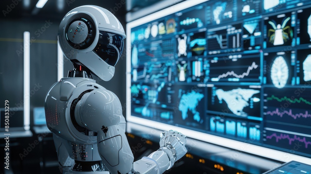 Fototapeta premium artificial intelligence humanoid robot analyzing medical charts on futuristic virtual screen 3d illustration